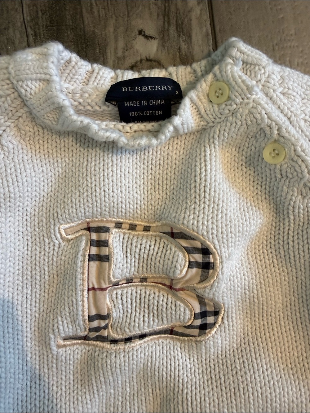 Burberry Cream Knit Sweater with Signature Check 'B' Applique